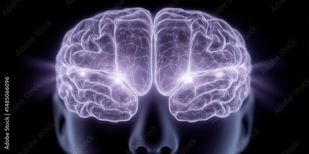 Poster futuristic visualization of a human brain with glowing neural connections and abstract patterns symb