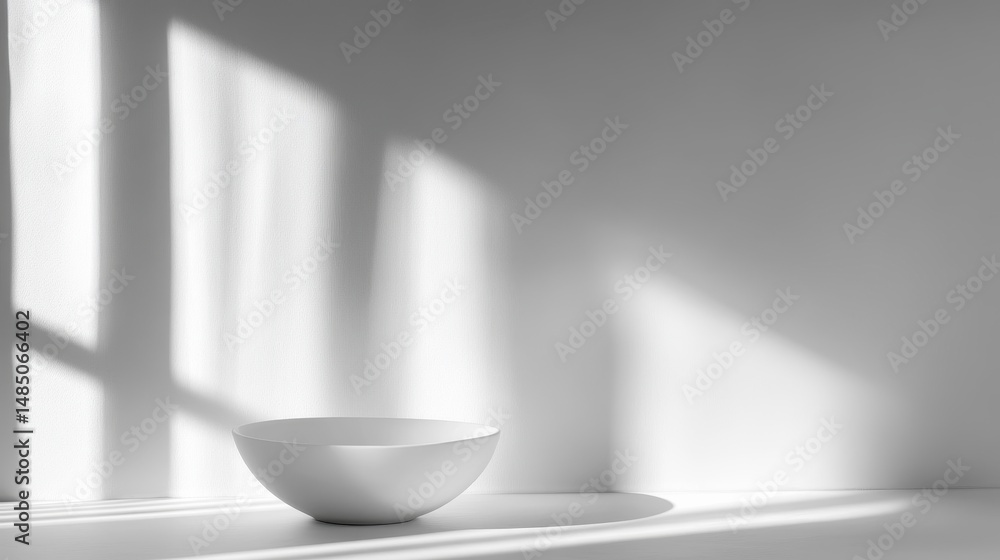 Poster minimalist monochrome image of an empty white bowl on a white surface, illuminated by sunlight strea