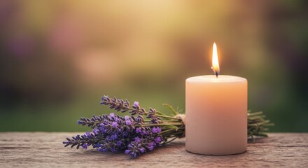 Candlelight still life representing serenity and peace, with lavender on wooden surface