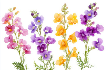 Naklejka premium Watercolor botanical illustration of colorful flowers, showcasing pink, purple, yellow, and orange blooms with green foliage