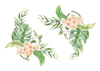 Plumeria bouquets. Pink flowers, green palm leaves, monstera. Hand drawn watercolor illustration isolated on white. For cards, invitations, tropical summer banners, posters, covers.