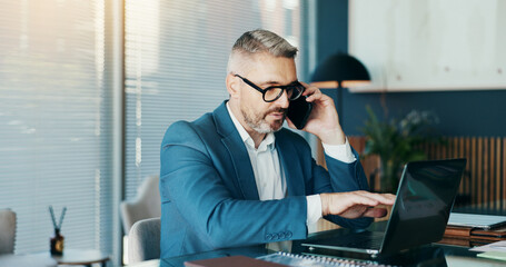Phone call, laptop and consulting with business man in office for stock broker, account manager and client contact. Market monitor, trade risk and feedback with person talking for investment planning