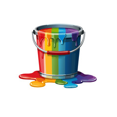 Bucket with rainbow color paint, paint running out, isolated on transparent background, cut out Vector graphic design