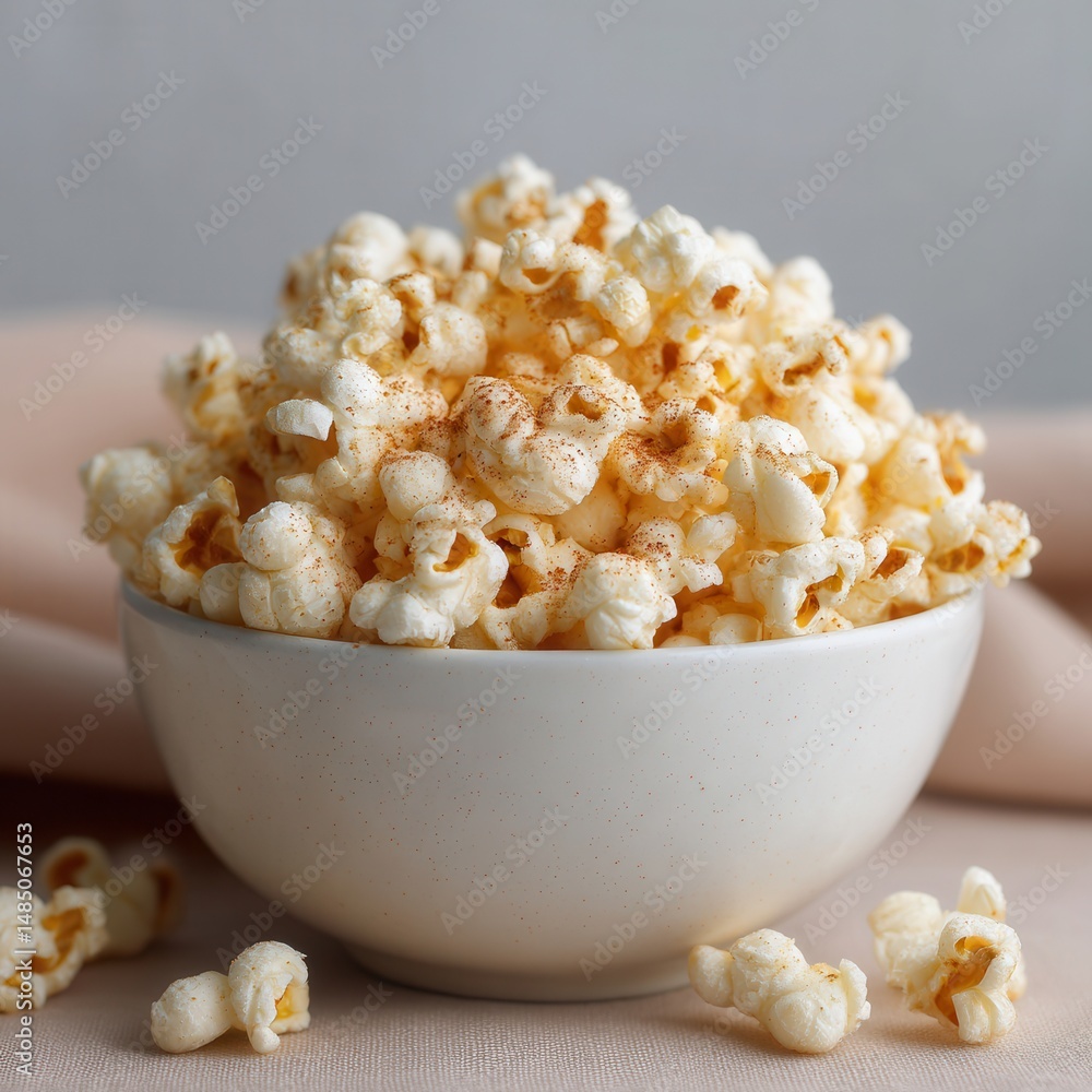 Poster bowl of delicious popcorn with a light dusting of spice for a delightful treat, ready for snacking o