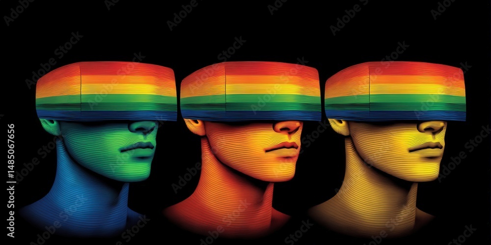 Poster three stylized figures with rainbow colored blocks obscuring eyes representing digital identity and 