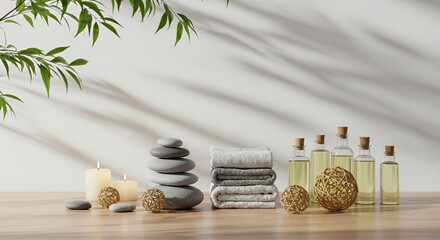 Spa Still Life with Stones Towels Candles and Aromatherapy Oils in Tranquil Setting with Leaf Shadows