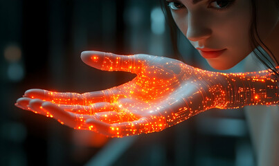 Woman shows glowing tech-like hand emitting orange particles, in soft, blurred backdrop, casting an evocative digital glow