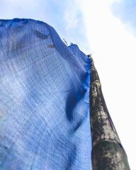 Blue buddhist flag in the hills of Kalimpong, West Bengal, India in May 2024....