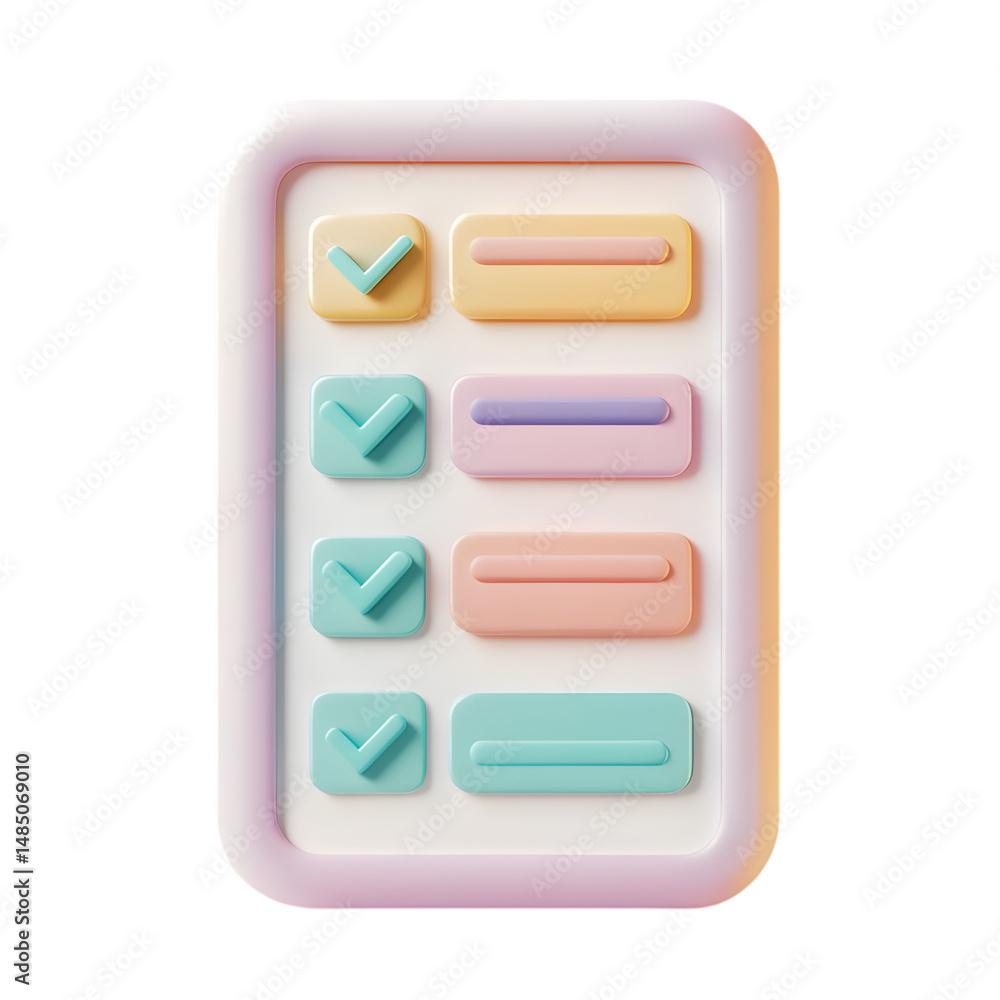 Poster 3d model of a pastel-colored checklist interface with checkboxes and input areas. the design is geom