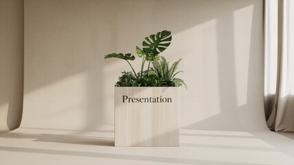 Minimalist modern light-filled neutral display podium with tropical plants