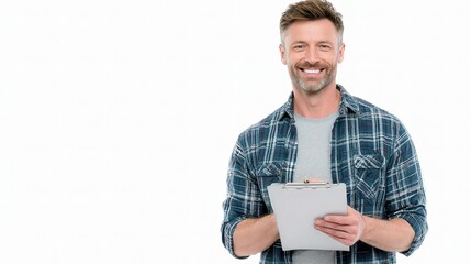 Smiling Male in Casual Shirt Holding Clipboard on White Background
