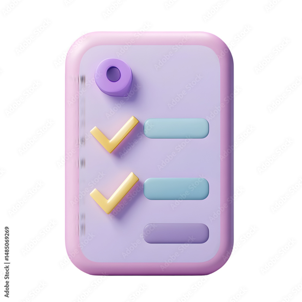 Poster digital 3d rendering of a pastel-colored checklist, featuring simple geometric shapes and checkmarks
