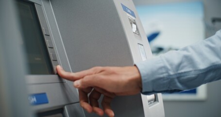 ATM Machine in Airport Terminal: Close Up Shot of Unrecognizable Person Putting Smartphone to NFC...