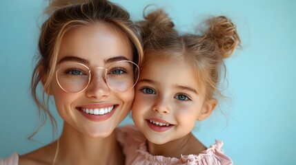 Joyful Mother and Daughter Bonding with Smiling Expressions on Bright Background