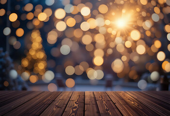 Abstract bokeh background of light for celebration new year and christmas with wood terrace