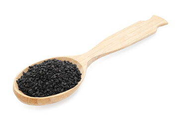 Aromatic black caraway in wooden spoon isolated on white