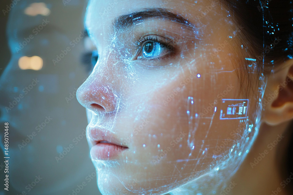 Poster advanced futuristic holographic human profile rendered in digital light with a sci-fi cybernetic int