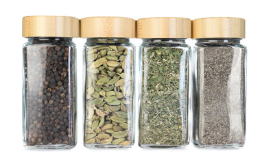 Many different aromatic spices in jars isolated on white