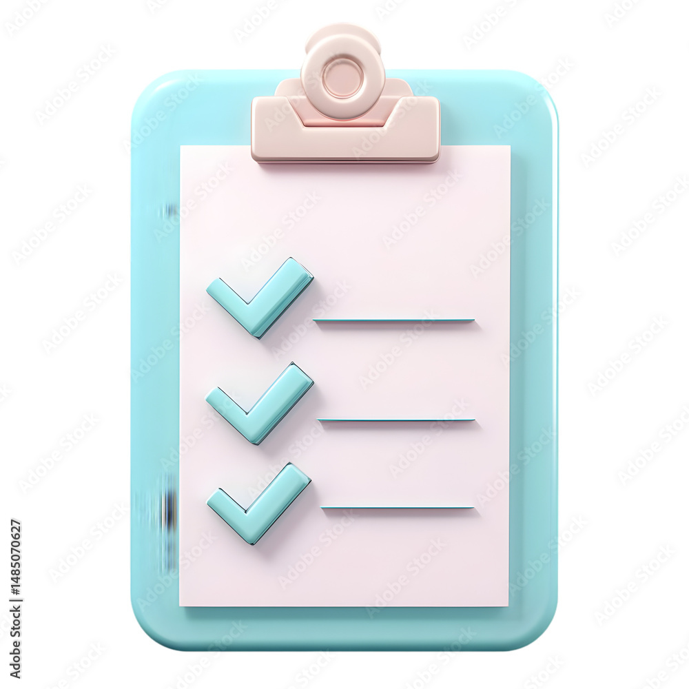 Poster light teal colored clipboard displaying a checklist with pastel colored checkmarks on a white paper.