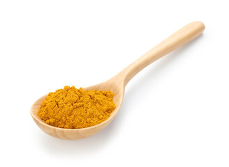 Turmeric powder in spoon isolated on white. Aromatic spice