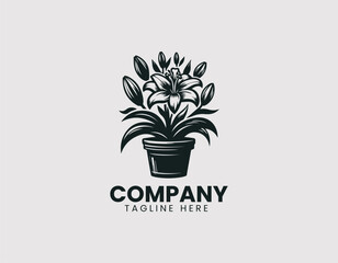 Black and White Lily Flower in Decorative Pot Vector Logo Design, Lily Bloom in Ornate Flowerpot Vector Logo, Elegant Black and White Lily in Decorative Planter Illustration Logo