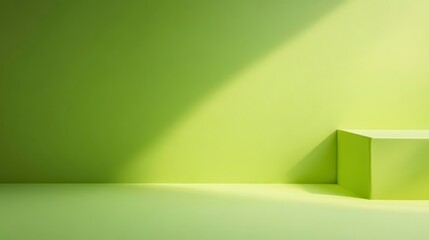 Minimalist green room with a single cube platform in sunlight.