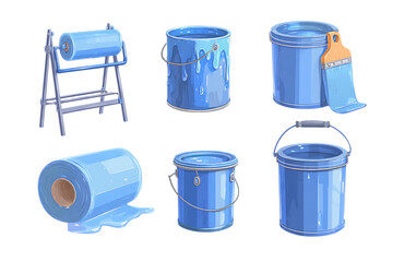 Artistic bucket of blue paint with roller brush