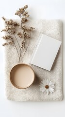 Cozy Living Room Corner Flatlay with Beige and Cream Throw Pillow