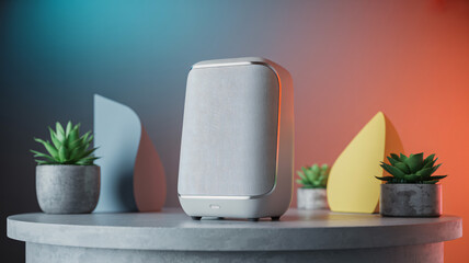 Modern minimalist product display stage with plants and geometric shapes against a colorful backgrou