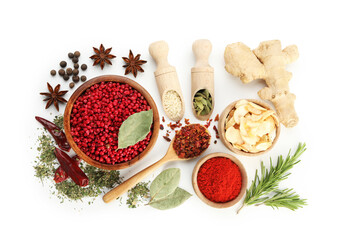 Different aromatic spices isolated on white, top view