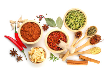 Different aromatic spices isolated on white, top view