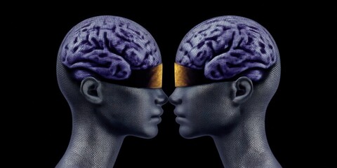 Obraz premium Dual human faces connected by intricate neural patterns, highlighted by golden accents, illustrating unity in thought and emotion within a digital abstract setting conveying cognitive synergy