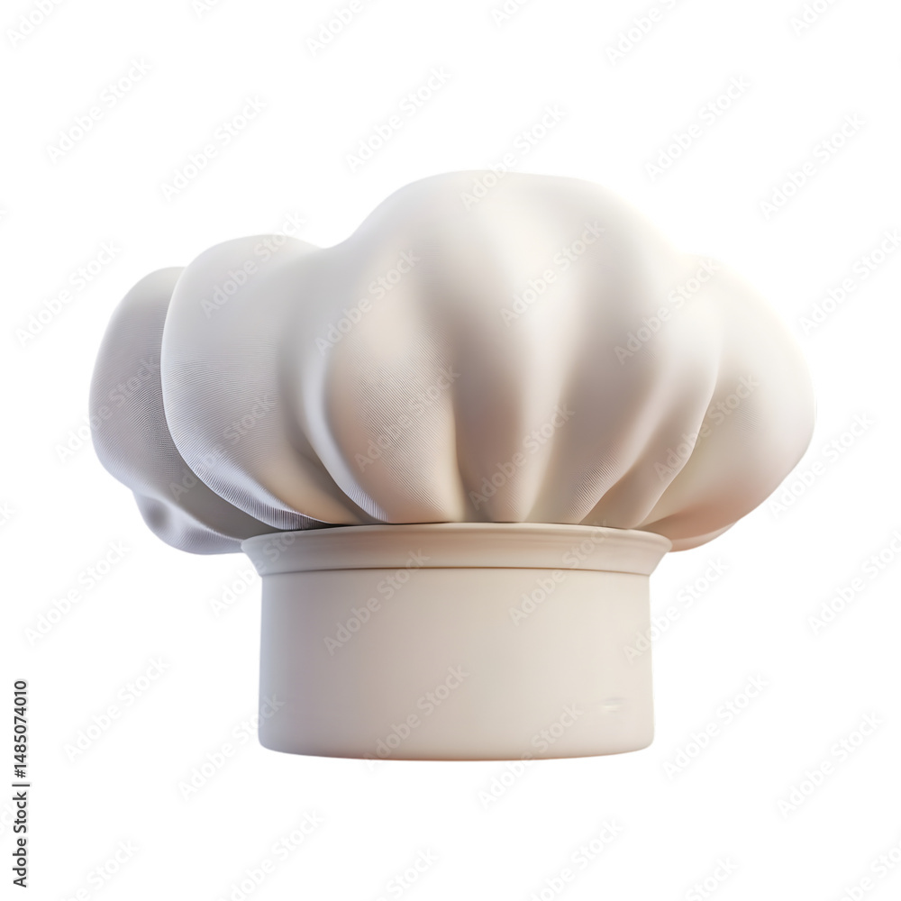 Poster digitally rendered, close-up image of a classic white chef's hat, featuring a soft, rounded shape an