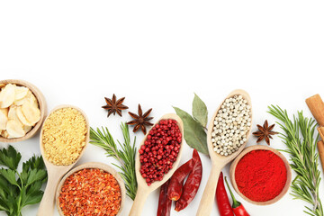 Different aromatic spices isolated on white, top view