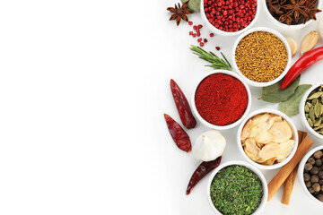 Different aromatic spices isolated on white, top view