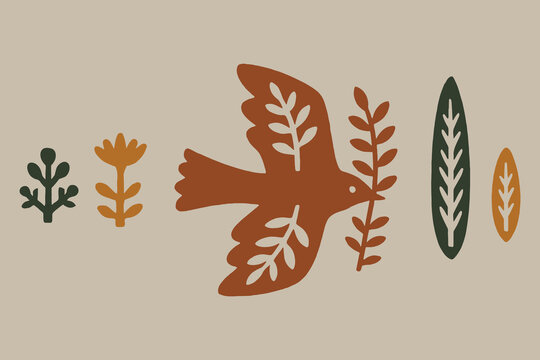 bird leaves boho flat sketch nature vector