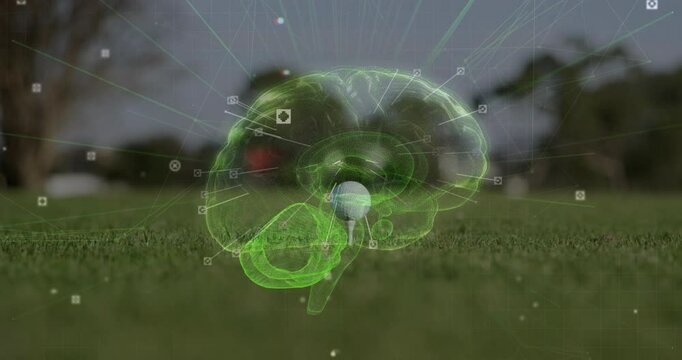 Wooden tee holding white golf ball on fairway, showing floating brain hologram technology nodes