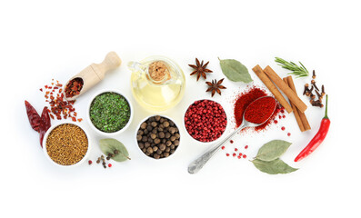 Different aromatic spices isolated on white, top view