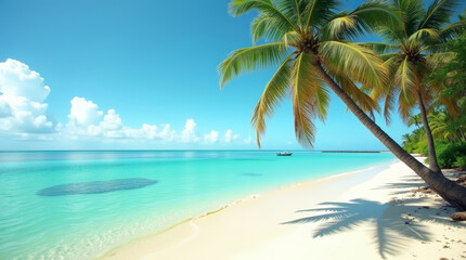 Fototapeta na wymiar Tropical palm tree on sandy beach against blue sea and clear sky, summer vacation paradise