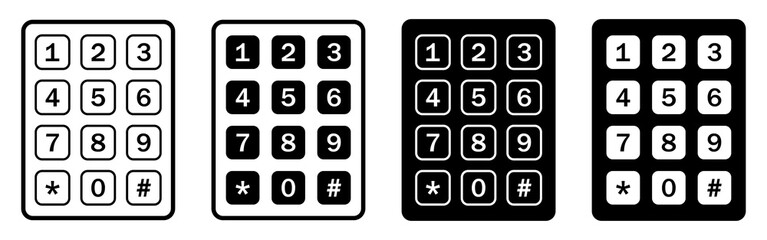 Set of telephone keypad vector icons in different black and white styles. Includes numbers 0 to 9, star, and hash keys. Telephone keypad icon set isolated on white background. Vector illustration.