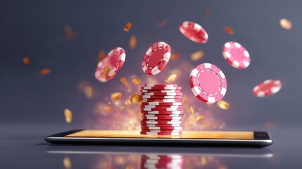 Digital casino scene featuring poker chips and coins emerging from a smartphone screen, symbolizing online gambling.