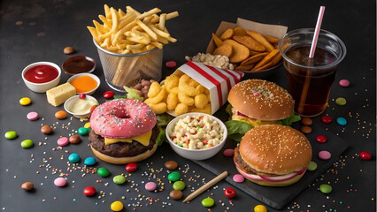 Colorful fast food assortment with burgers, fries, soda, popcorn, and candies on dark background