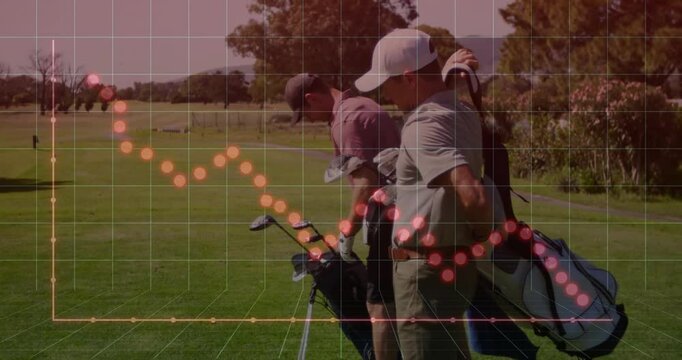 Two golfers adjusting clubs on fairway, displaying technology grid and dotted chart overlay
