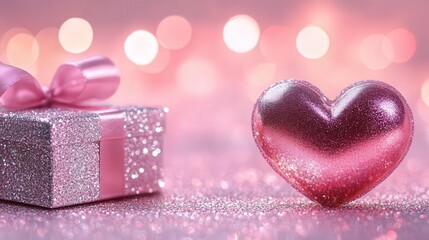 Pink heart and gift box with bokeh light background