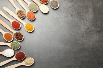 Many different spices in spoons on grey table, flat lay. Space for text