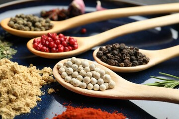 Different aromatic spices in spoons on plate, closeup