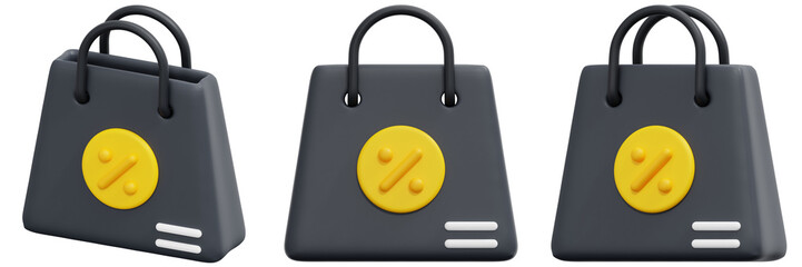 Set of 3D Rendered Dark Grey Shopping Bags with Yellow Percentage Discount Icons 3d Render Icon Illustration