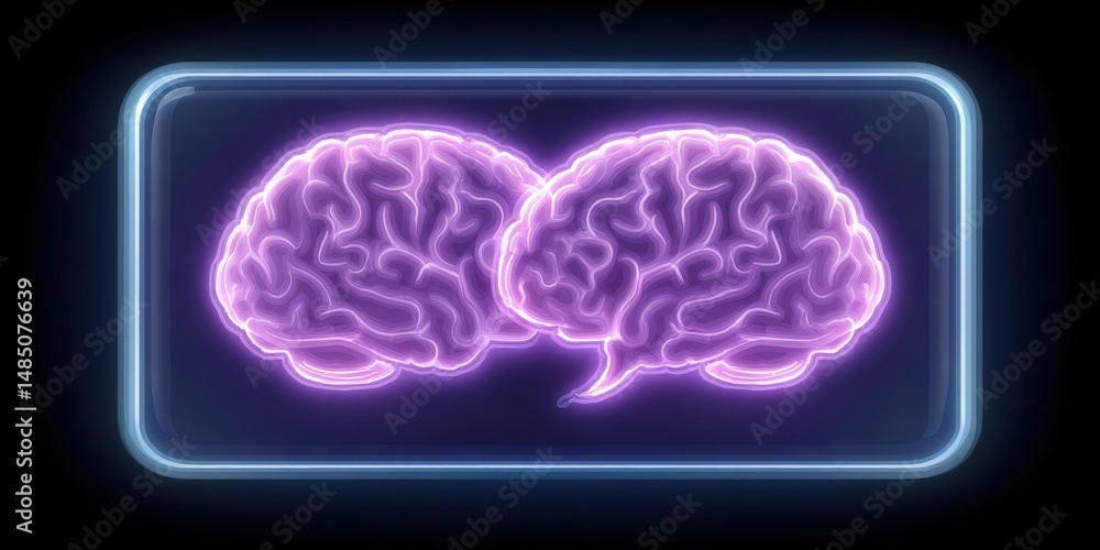 Poster illustrative depiction of two interconnected glowing brains in a neon aesthetic conveying the concep