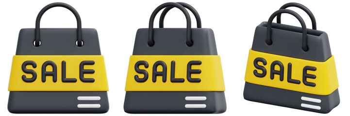 Set of 3D Rendered Shopping Bags with Yellow Sale Labels 3d Render Icon Illustration