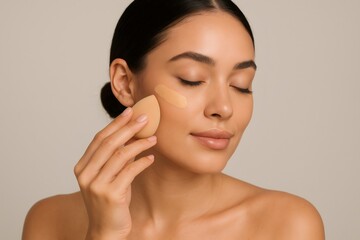 Beautiful young woman applying foundation on face with makeup sponge